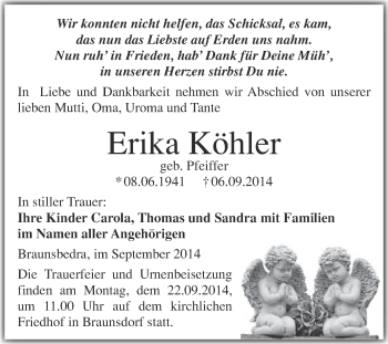 Traueranzeige von Erika Köhler von WVG - Wochenspiegel Merseburg