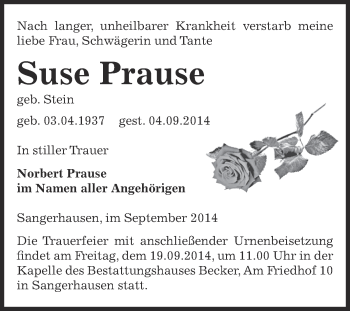 Traueranzeige von Suse Prause von Super Sonntag SGH Mansf. Land