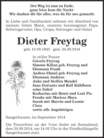Traueranzeige von Dieter Freytag von Super Sonntag SGH Mansf. Land