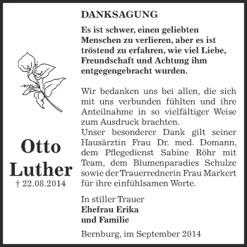 Traueranzeige von Otto Luther von Super Sonntag Bernburg