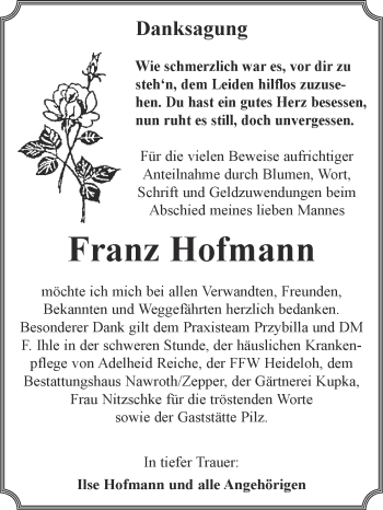 Traueranzeige von Franz Hofmann von WVG - Wochenspiegel Bitterfeld