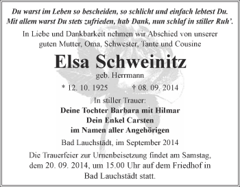 Traueranzeige von Elsa Schweinitz von WVG - Wochenspiegel Merseburg