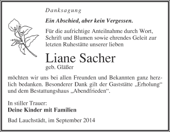 Traueranzeige von Liane Sacher von WVG - Wochenspiegel Merseburg
