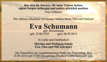 Traueranzeige von Eva Schumann von WVG - Wochenspiegel Wittenberg