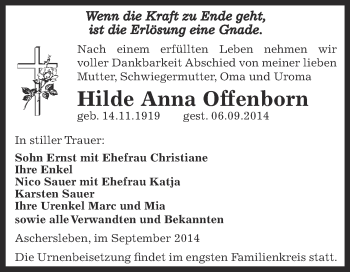 Traueranzeige von Hilde Anna Offenborn von WVG - Wochenspiegel Aschersleben