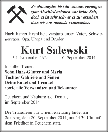 Traueranzeige von Kurt Salewski von WVG - Wochenspiegel NMB / WSF / ZTZ