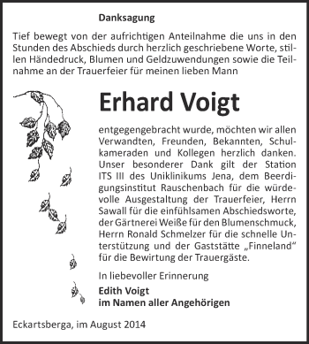 Traueranzeige von Erhard Voigt von WVG - Wochenspiegel NMB / WSF / ZTZ