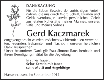 Traueranzeige von Gerd Kaczmarek von WVG - Wochenspiegel NMB / WSF / ZTZ
