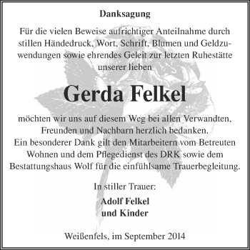 Traueranzeige von Gerda Felkel von WVG - Wochenspiegel NMB / WSF / ZTZ