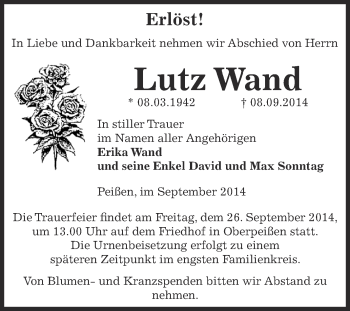 Traueranzeige von Lutz Wand von Super Sonntag Bernburg