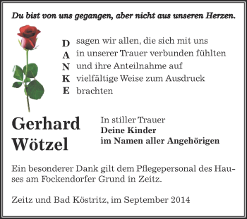 Traueranzeige von Gerhard Wötzel von Super Sonntag Zeitz