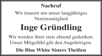 Traueranzeige von Inge Gründling von Super Sonntag Zeitz