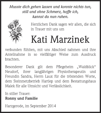 Traueranzeige von Kati Marzinek von WVG - Wochenspiegel Quedlinburg
