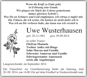 Traueranzeige von Uwe Wusterhausen von WVG - Wochenspiegel Merseburg