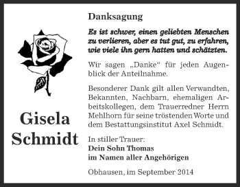Traueranzeige von Gisela Schmidt von Super Sonntag Zeitz