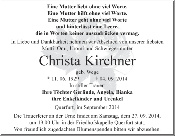 Traueranzeige von Christa Kirchner von WVG - Wochenspiegel Merseburg