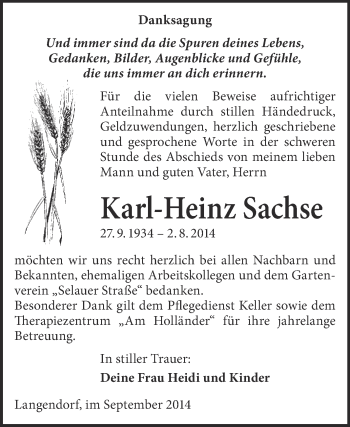 Traueranzeige von Karl-Heinz Sachse von WVG - Wochenspiegel NMB / WSF / ZTZ