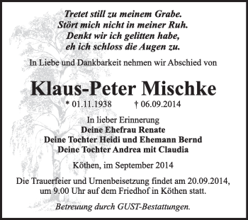 Traueranzeige von Klaus-Peter Mischke von Super Sonntag Dessau / Köthen