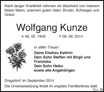 Traueranzeige von Wolfgang Kunze von Super Sonntag Zeitz