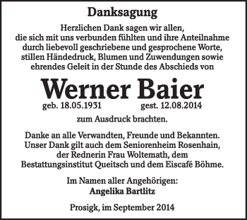 Traueranzeige von Werner Baier von Super Sonntag Dessau / Köthen