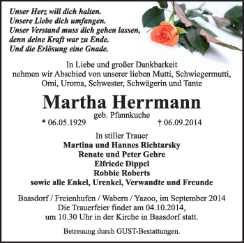 Traueranzeige von Martha Herrmann von Super Sonntag Dessau / Köthen