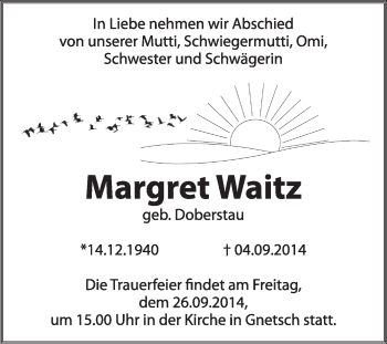 Traueranzeige von Margret Waitz von Super Sonntag Dessau / Köthen