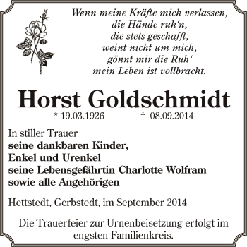 Traueranzeige von Horst Goldschmidt von Super Sonntag SGH Mansf. Land