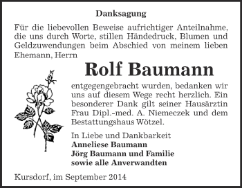 Traueranzeige von Rolf Baumann von Super Sonntag Zeitz