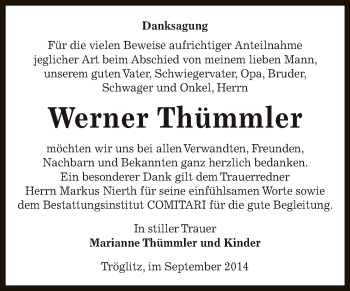 Traueranzeige von Werner Thümmler von Super Sonntag Zeitz