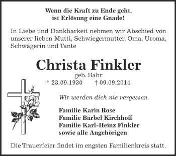 Traueranzeige von Christa Finkler von Super Sonntag Bernburg