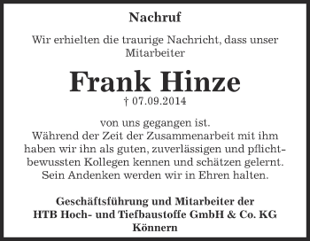 Traueranzeige von Frank Hinze von Super Sonntag Bernburg