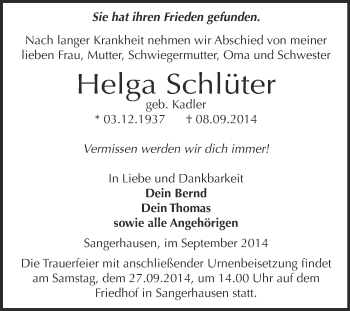 Traueranzeige von Helga Schlüter von Super Sonntag SGH Mansf. Land