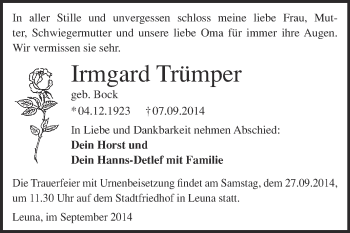 Traueranzeige von Irmgard Trümper von WVG - Wochenspiegel Merseburg