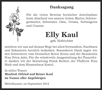 Traueranzeige von Elly Kaul von Super Sonntag SGH Mansf. Land