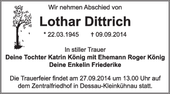 Traueranzeige von Lothar Dittrich von Super Sonntag Dessau / Köthen