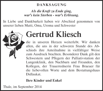 Traueranzeige von Gertrud Kliesch von WVG - Wochenspiegel Quedlinburg