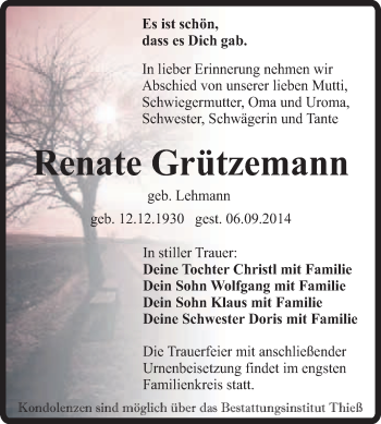 Traueranzeige von Renate Grützemann von Super Sonntag Quedlinburg