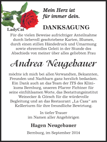 Traueranzeige von Andrea Neugebauer von Super Sonntag Bernburg