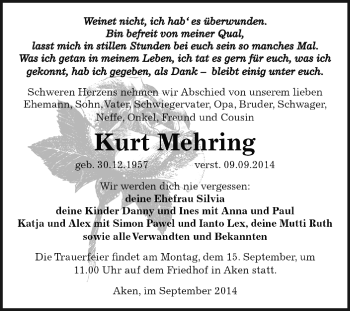 Traueranzeige von Kurt Mehring von WVG - Wochenspiegel Dessau / Köthen