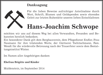 Traueranzeige von Hans-Joachim Schwope von WVG - Wochenspiegel Bitterfeld