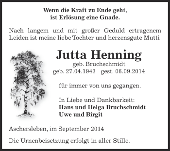 Traueranzeige von Jutta Henning von Super Sonntag Aschersleben