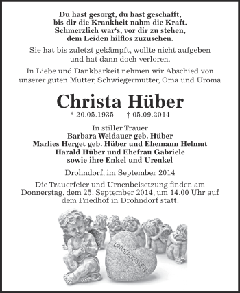 Traueranzeige von Christa Hüber von Super Sonntag Aschersleben