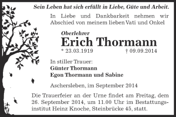 Traueranzeige von Erich Thormann von WVG - Wochenspiegel Aschersleben