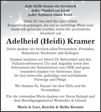 Traueranzeige von Adelheid Heidi Kramer von Super Sonntag Bernburg