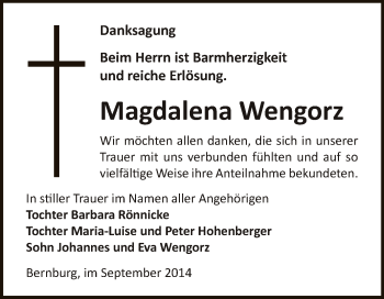 Traueranzeige von Magdalena Wengorz von Super Sonntag Bernburg