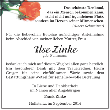 Traueranzeige von Ilse Zinke von Super Sonntag Zeitz