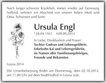 Traueranzeige von Ursula Engel von Super Sonntag Merseburg