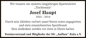 Traueranzeige von Josef Haupt von Super Sonntag Zeitz