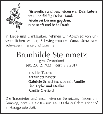 Traueranzeige von Brunhilde Steinmetz von Super Sonntag Quedlinburg
