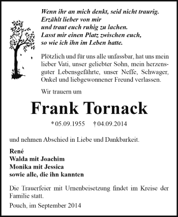 Traueranzeige von Frank Tornack von Super Sonntag Wittenberg